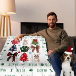 Personalized Coquette Bow Hand-drawn 1-3 Dogs Christmas Tree Pattern Blanket Christmas Home Decor Gift for Dog Pet Lover