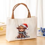 Personalised Christmas Hat  Highland Cow Leather Handle Canvas Tote Bag with Name Christmas Birthday Gift for Highland Cow Lovers