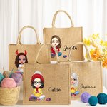 Personalized Cute Cartoon Knitting Character Jute Tote Bag with Name Christmas Birthday Gift for Mom Grandma Knitting Lovers