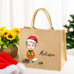 Personalized Cute Cartoon Knitting Character Jute Tote Bag with Name Christmas Birthday Gift for Mom Grandma Knitting Lovers