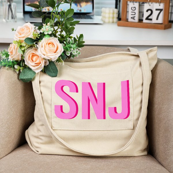Gepersonaliseerde Shadow Initial Slouchy Grote Corduroy Draagtas met Meerdere Zakken Verjaardag Reisaccessoire Cadeau voor Vrienden Familie