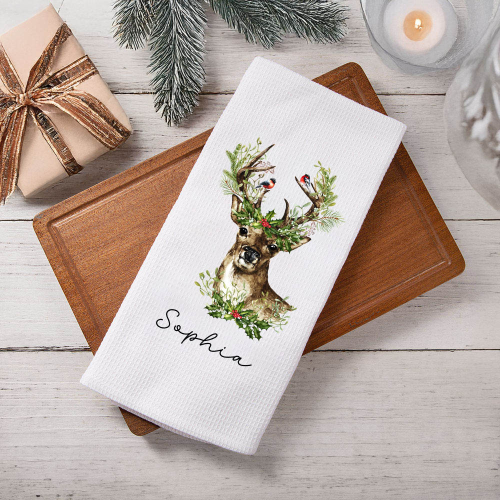 Torchon de cuisine gaufré personnalisé avec nom Arbre de Noël Couronne Cerf Cadeau de pendaison de crémaillère pour la famille et les amis