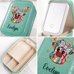 Personalized Christmas Reindeer Leather Jewelry Box with Name and LED Light Makeup Mirror Christmas Travel Accessory Gift for Women