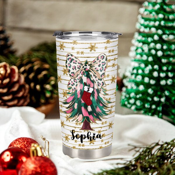 Personalized Coquette Bow Faux Glitter Christmas Tree 20oz Tumbler with Name Christmas Gift for Family Friend