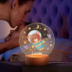 Personalized Cute Animal Space Astronaut Stars Planet LED Night Light with Wooden Base and Name Nursery Decor Birthday Holiday Gift for Kids