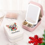 Personalized Christmas Reindeer Leather Jewelry Box with Name and LED Light Makeup Mirror Christmas Travel Accessory Gift for Women