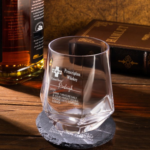 Personalised Diamond Shaped 10oz Funny Prescription Whiskey Glasses and Slate Coaster with Engraved Name Birthday Father's Day Gift for Liquor Lover