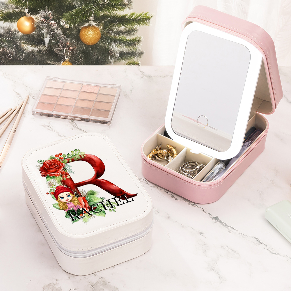 Boîte à bijoux de voyage personnalisée avec nom Miroir de maquillage LED à couleur changeante Cadeau de Noël pour les femmes