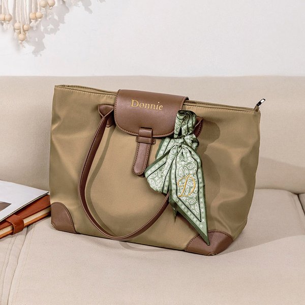 Personalized Simplicity Waterproof Large Oxford Name Tote Handbag with Embroidered Initial Ribbon Anniversary Birthday Gift for Women Girls