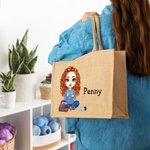 Personalized Cute Cartoon Knitting Character Jute Tote Bag with Name Christmas Birthday Gift for Mom Grandma Knitting Lovers