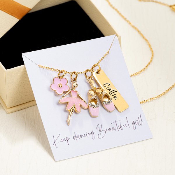 Personalisierte Ballett Mädchen Tutu Tanz Hausschuhe rosa Blume Charme Halskette mit Namensschild und Karte zierlich Schmuck Geburtstagsgeschenk für Frauen Ballerina