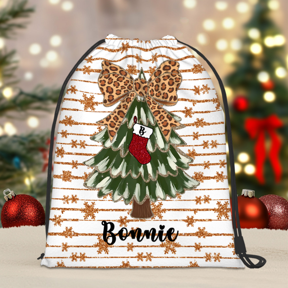 Sac de Noël à cordon imprimé recto-verso avec initiales et nom Coquette Bow personnalisé Cadeau de Noël pour la famille