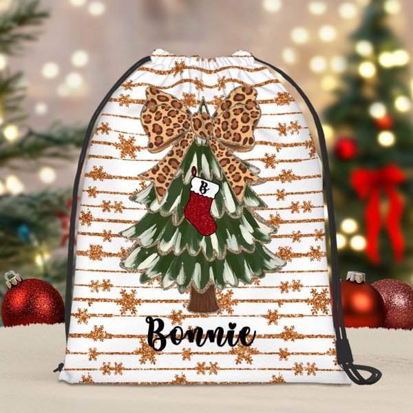 Personalized Coquette Bow Faux Glitter Christmas Tree Double-sided Printed Drawstring Gift Bag with Initial and Name Christmas Gift for Family