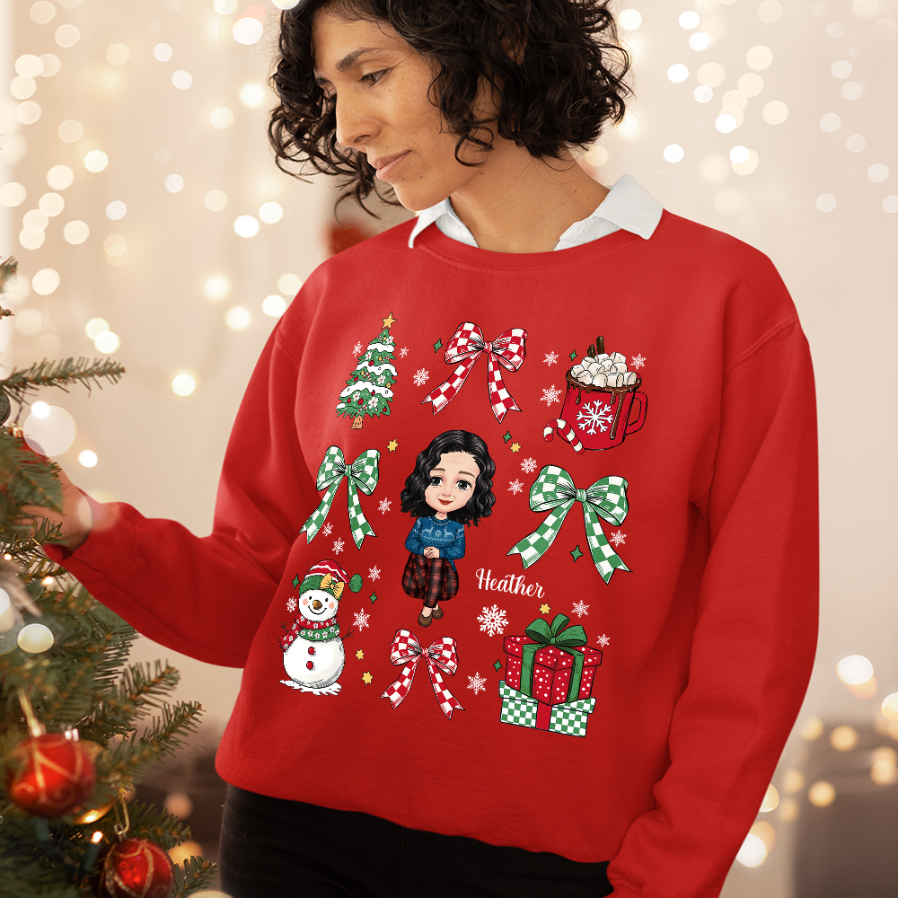Sweatshirt personnalisé Bonhomme de neige Coquette Bow Cartoon Character Sweatshirt avec Nom Anniversaire Noël Cadeau pour Femmes Filles