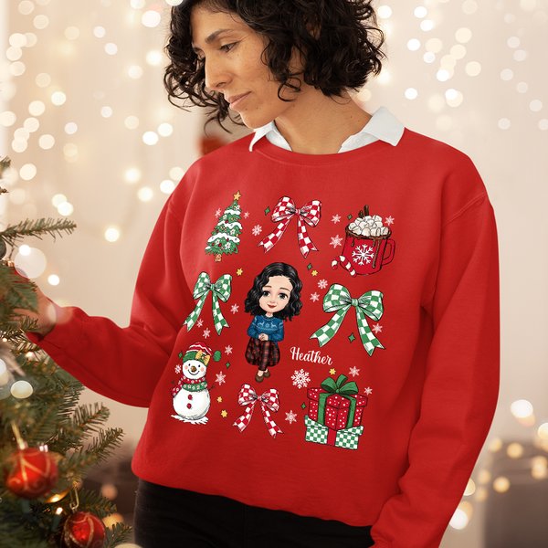 Personalised Snowman Coquette Bow Cartoon Character Sweatshirt T-shirt with Name Birthday Christmas Gift for Women Girls