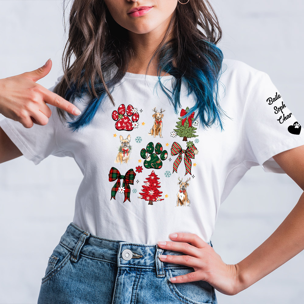 Personnalisé Portrait de chien de Noël 1-3 dessiné à la main Coquette Bow Paw Print T-shirt Sweatshirt avec nom Cadeau de Noël pour les femmes Pet Lov