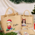 Personalized Cute Cartoon Knitting Character Jute Tote Bag with Name Christmas Birthday Gift for Mom Grandma Knitting Lovers