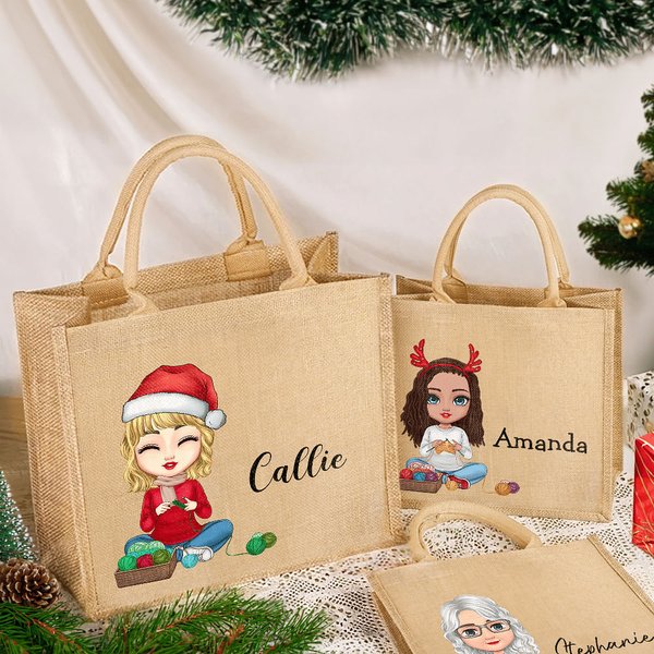 Personalised Cute Cartoon Knitting Character Jute Tote Bag with Name Christmas Birthday Gift for Mom Grandma Knitting Lovers
