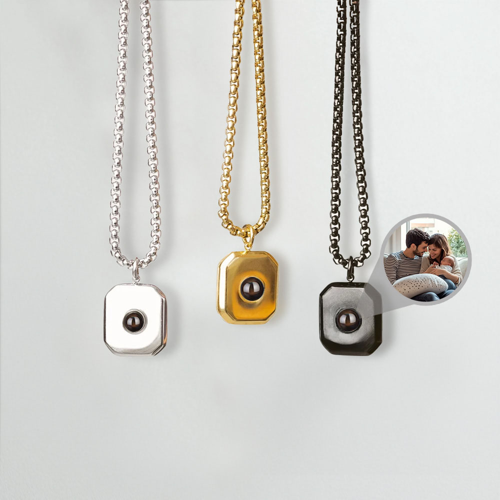 Collier Géométrique Personnalisé avec Photo de Projection Bijoux Minimalistes Cadeau Anniversaire pour Homme