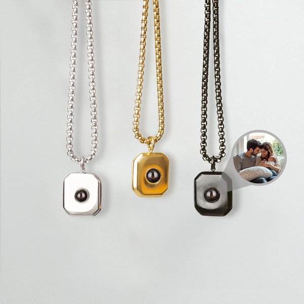 Personalised Dainty Geometric Photo Projection Necklace with Box Chain Minimalist Jewellery Birthday Anniversary Gift for Men