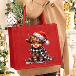 Chapeau de Père Noël Personnalisé Highland Cow Red Jute Tote Bag with Name Birthday Christmas Party Favor Gift for Kids Adults