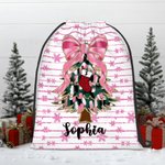 Henkilökohtainen Coquette Bow Faux Glitter joulukuusi kaksipuolinen painettu kiristysnauha lahjapussi Initial ja nimi joululahja perheelle