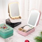 Personalized Christmas Reindeer Leather Jewelry Box with Name and LED Light Makeup Mirror Christmas Travel Accessory Gift for Women