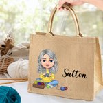 Personalized Cute Cartoon Knitting Character Jute Tote Bag with Name Christmas Birthday Gift for Mom Grandma Knitting Lovers
