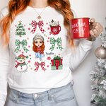 Personalized Snowman Coquette Bow Cartoon Character Sweatshirt T-shirt with Name Birthday Christmas Gift for Women Girls