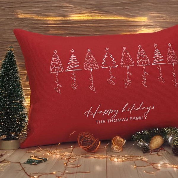 Linea personalizzata dell'albero di Natale, copricuscino con 1-8 nomi e testo Festival Home Decor Regalo di Natale per la famiglia