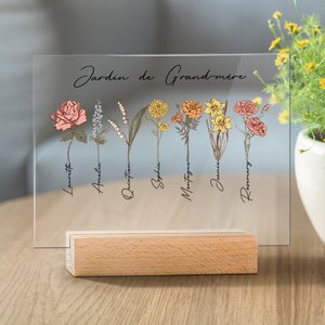 Plaque Acrylique avec Base Personnalisée avec 1-20 Fleurs de Naissance Noms Décoration Chambre Cadeau Anniversaire Noël pour Grands-Parents
