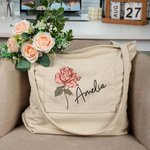 Sac Fourre-tout en Velours Côtelé Personnalisé avec Nom Fleur de Naissance Cadeau d'Anniversaire de Voyage pour Femmes