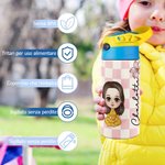 Borraccia Personalizzata da 350ml con Nome Carino Personaggio dei Cartoni Animati con Cannuccia Pulsante Coperchio per il Giorno dei Bambini a Scuola