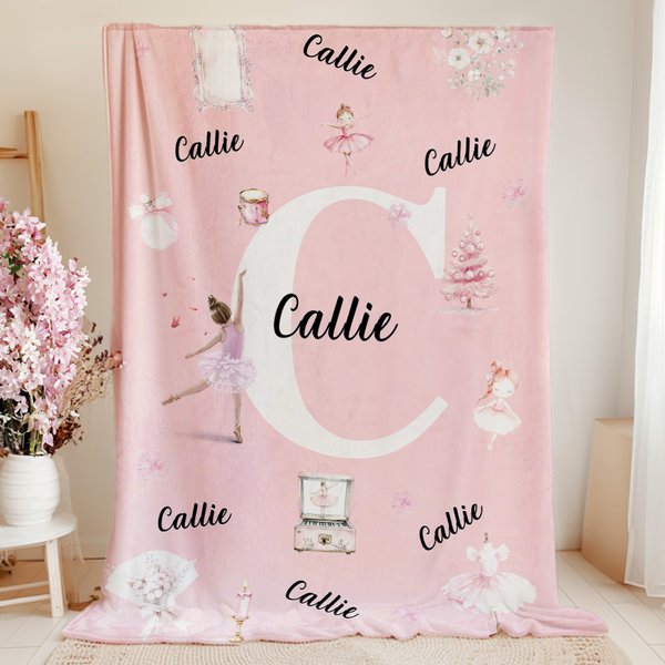 Personalized Pink Ballet Girl Nutcracker Fairy Soft Throw Blanket with Initial and Name Multicolor Home Decor Birthday Christmas Gift for Kids