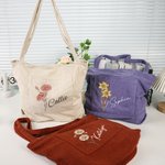 Sac Fourre-tout en Velours Côtelé Personnalisé avec Nom Fleur de Naissance Cadeau d'Anniversaire de Voyage pour Femmes