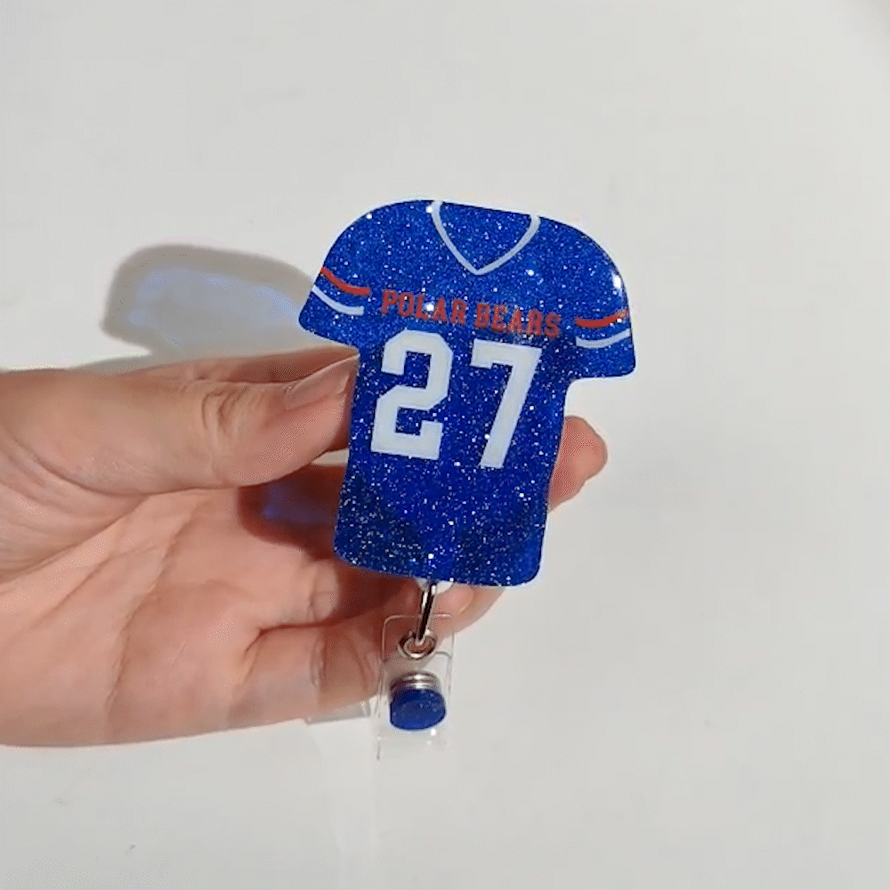 Personalizzato acrilico Glitter maglia calcio retrattile Badge Reel con nome numero infermiere medico accessori regalo per il professionista medico