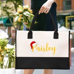 Personalized Santa Hat Letter Large Canvas Tote Bag with Name and Waterproof Liner Christmas Gift for Family Friend