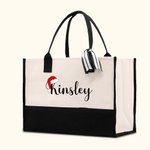 Personalized Santa Hat Letter Large Canvas Tote Bag with Name and Waterproof Liner Christmas Gift for Family Friend