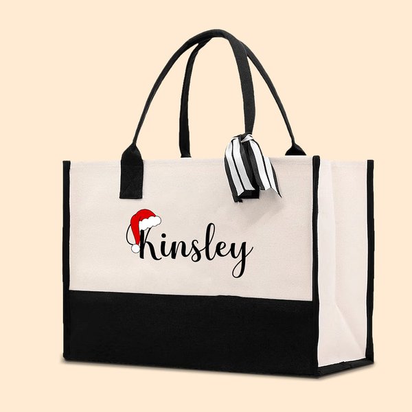 Personalized Santa Hat Letter Large Canvas Tote Bag with Name and Waterproof Liner Christmas Gift for Family Friend