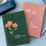 Personalized Watercolour Birth Flower A5 Leather Lined Journal Notebook with Name Stationery Supplies Birthday Gift for Family Friend