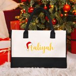 Personalized Santa Hat Letter Large Canvas Tote Bag with Name and Waterproof Liner Christmas Gift for Family Friend