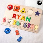 Personalized Colorful Wooden Name Puzzle Board with Numbers and Shapes Montessori Learning Toy Nursery Decor Baby Shower Birthday Gift for Kids