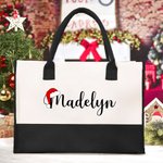 Personalized Santa Hat Letter Large Canvas Tote Bag with Name and Waterproof Liner Christmas Gift for Family Friend