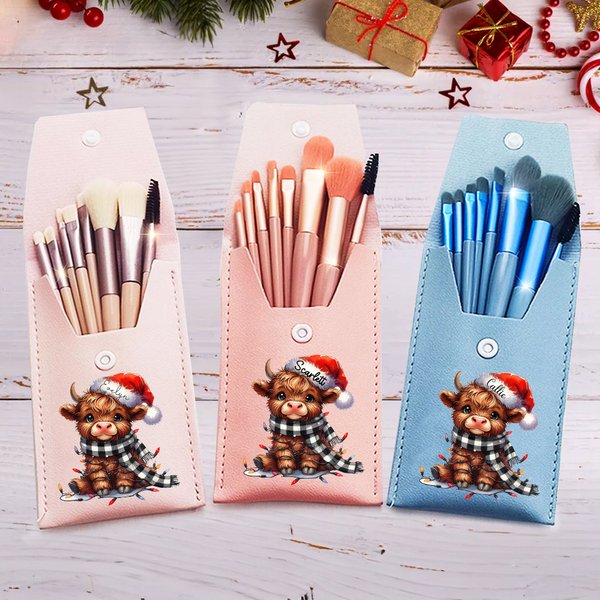 Personalized Colored Lights Santa Hat Highland Cow Portable Leather Travel Makeup Bag with 8 Makeup Brushes Christmas Birthday Gift for Women