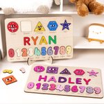 Personalized Colorful Wooden Name Puzzle Board with Numbers and Shapes Montessori Learning Toy Nursery Decor Baby Shower Birthday Gift for Kids