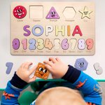 Personalized Colorful Wooden Name Puzzle Board with Numbers and Shapes Montessori Learning Toy Nursery Decor Baby Shower Birthday Gift for Kids