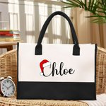 Personalized Santa Hat Letter Large Canvas Tote Bag with Name and Waterproof Liner Christmas Gift for Family Friend