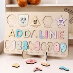 Personalized Colorful Wooden Name Puzzle Board with Numbers and Shapes Montessori Learning Toy Nursery Decor Baby Shower Birthday Gift for Kids