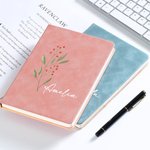 Personalized Watercolour Birth Flower A5 Leather Lined Journal Notebook with Name Stationery Supplies Birthday Gift for Family Friend
