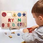 Personalized Colorful Wooden Name Puzzle Board with Numbers and Shapes Montessori Learning Toy Nursery Decor Baby Shower Birthday Gift for Kids